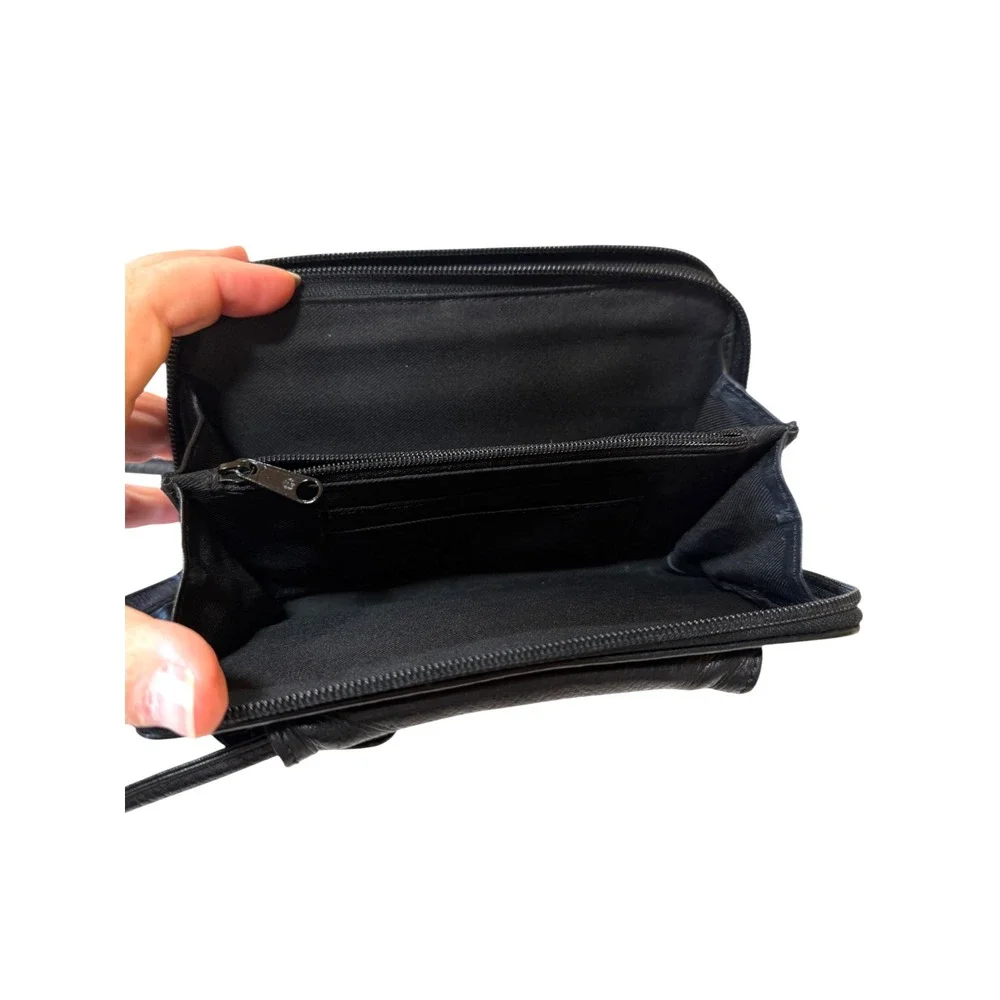 Fossil Black Leather Clutch Wallet with Detachable Strap and Silver Hardware Y2K